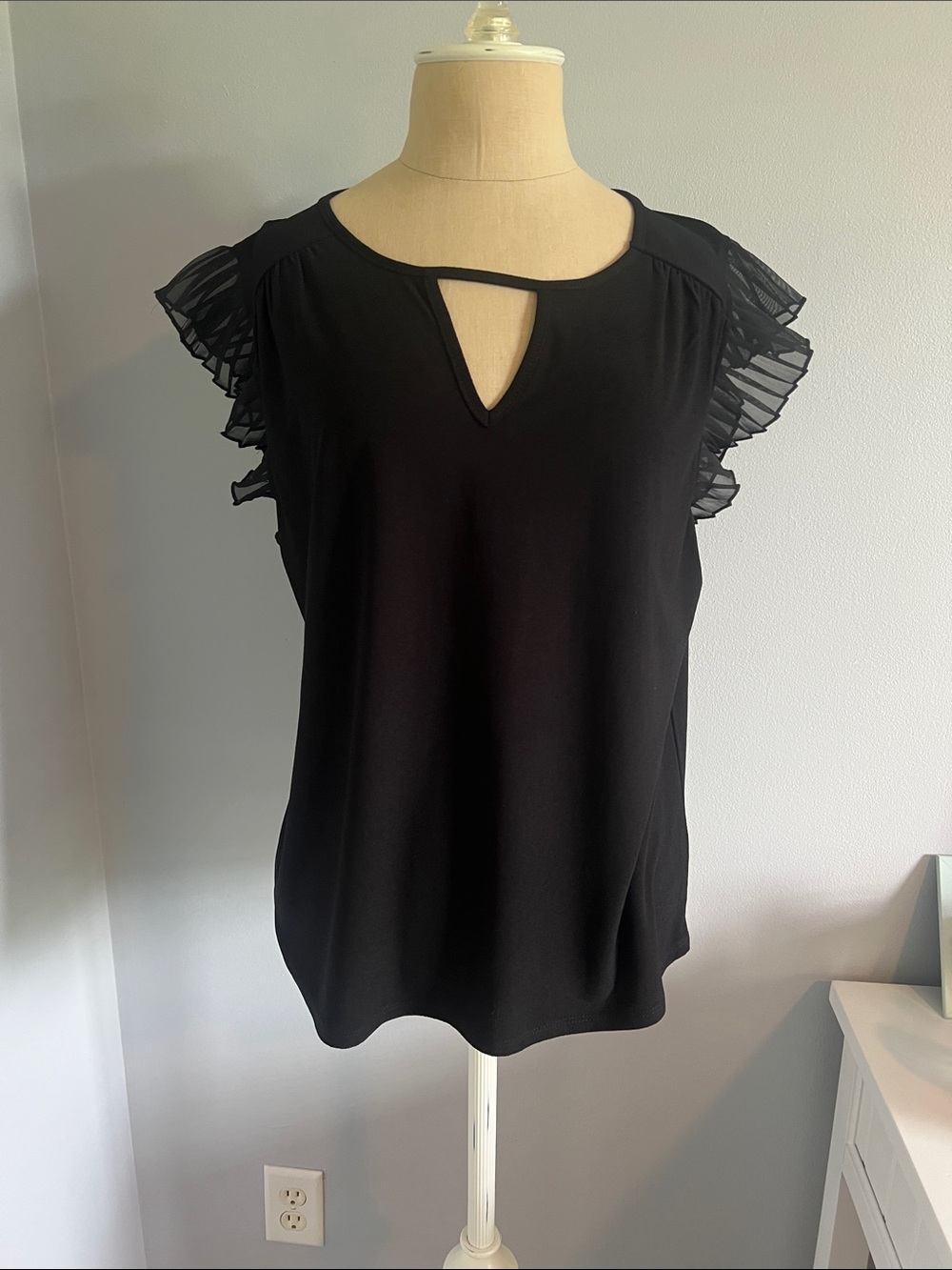 Black Flutter Sleeve Keyhole Blouse
